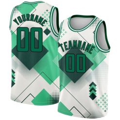 White, Kelly Green & Black Geometric Shapes City Edition Custom Basketball Jerseys for Men and Women