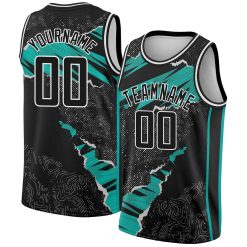 Black, Aqua & White Torn Paper Style Custom Basketball Jerseys for Men and Women